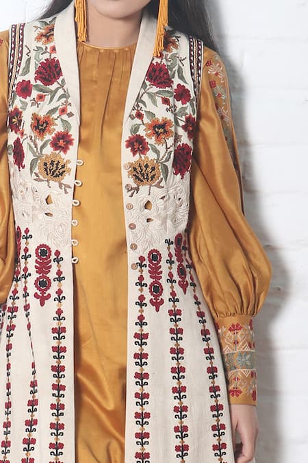 Chandrima_White Kala Cotton Open Embroidered Jacket _at_Aza_Fashions