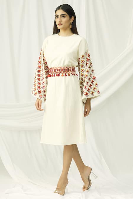 Chandrima White Kala Cotton Round Midi Dress 