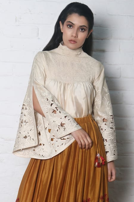 Buy_Chandrima_White Chanderi High Neck Top _Online_at_Aza_Fashions