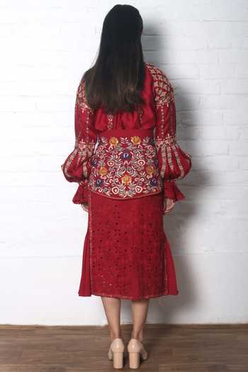 Chandrima Red Chanderi Round Embroidered Top Online at Aza Fashions Chandrima_Red Chanderi Round Embroidered Top _Online_at_Aza_Fashions