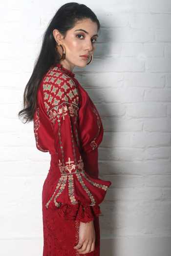Shop Chandrima Red Chanderi Round Embroidered Top Online at Aza Fashions Shop_Chandrima_Red Chanderi Round Embroidered Top _Online_at_Aza_Fashions