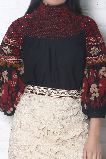 Shop_Chandrima_Black Kala Cotton Round Embroidered Blouse _Online_at_Aza_Fashions