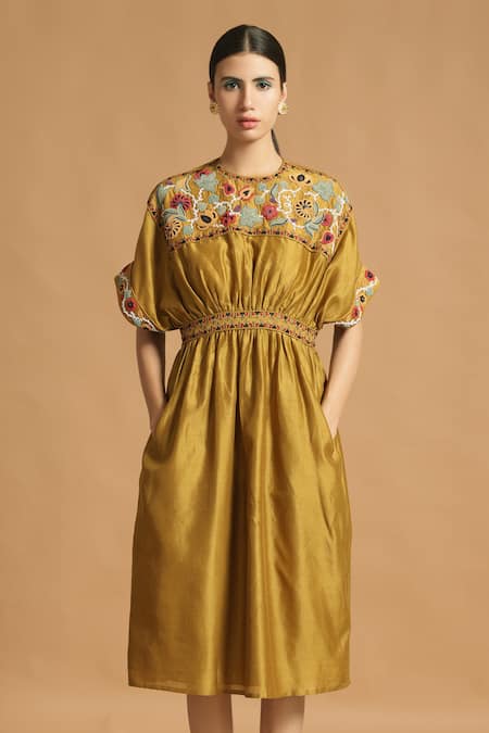 Chandrima Yellow Chanderi Round Midi Dress 