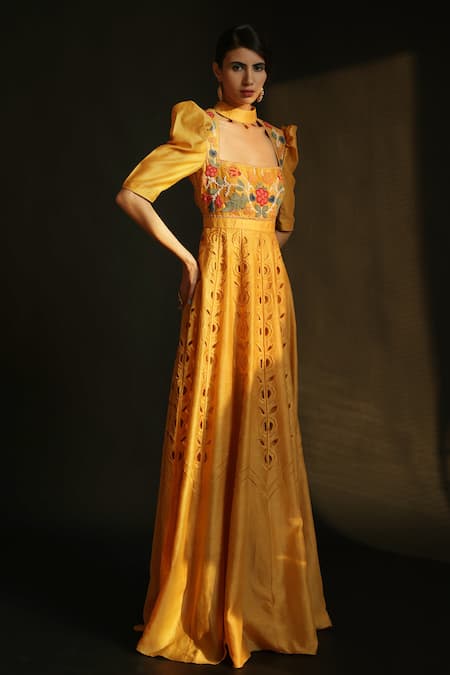 Chandrima Yellow Chanderi High Neck Collar Gown 