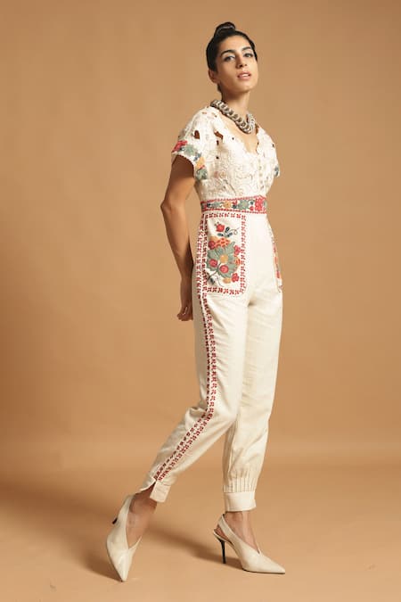 Chandrima White Kala Cotton V Neck Jumpsuit 