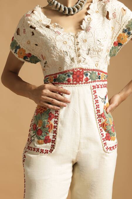 Buy_Chandrima_White Kala Cotton V Neck Jumpsuit _Online_at_Aza_Fashions