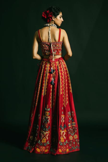 Shop_Chandrima_Red Chanderi Pleated Lehenga _at_Aza_Fashions