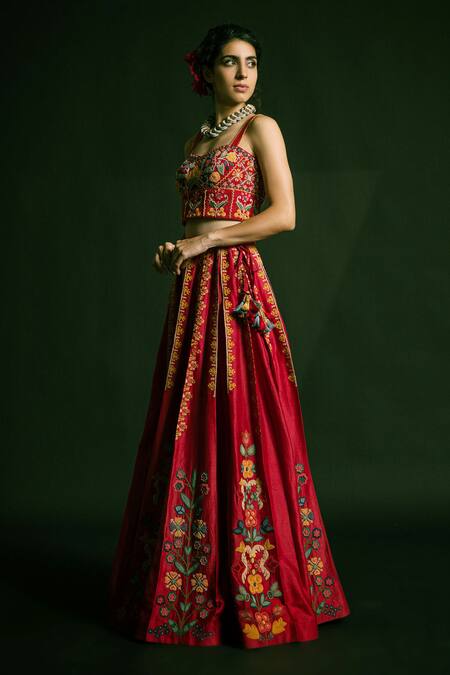 Chandrima_Red Chanderi Pleated Lehenga _Online_at_Aza_Fashions