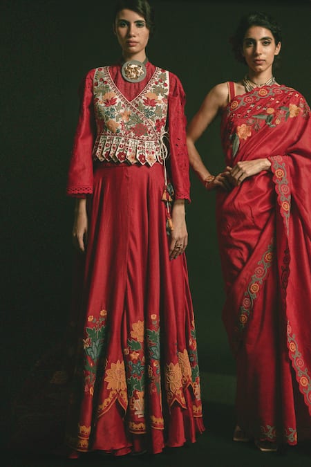 Shop_Chandrima_Red Chanderi Layered Lehenga _Online_at_Aza_Fashions