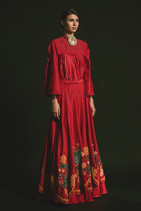 Chandrima_Red Chanderi Layered Lehenga _Online_at_Aza_Fashions
