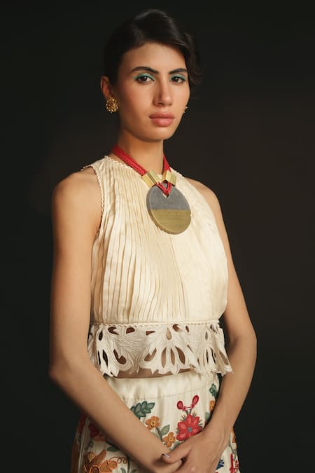 Buy_Chandrima_White Chanderi Round Peplum Crop Top _Online_at_Aza_Fashions