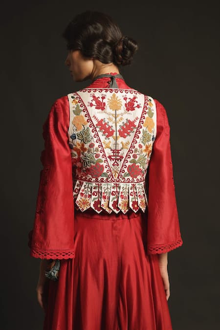Shop_Chandrima_White Chanderi V Neck Overlap Peplum Jacket _at_Aza_Fashions