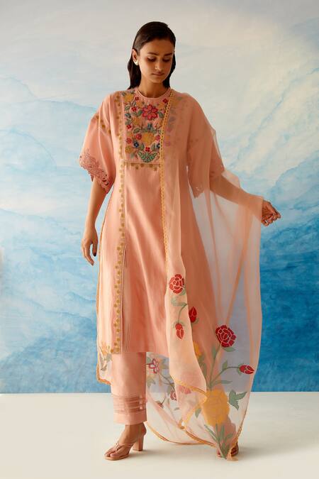 Chandrima_Peach Chanderi Embroidered Floral Motifs Round Kurta And Pant Set _Online_at_Aza_Fashions