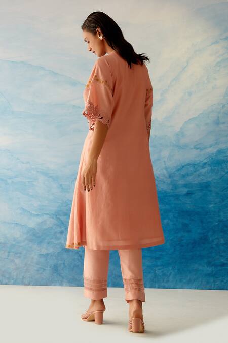 Shop_Chandrima_Peach Chanderi Embroidered Floral Motifs Round Kurta And Pant Set _at_Aza_Fashions
