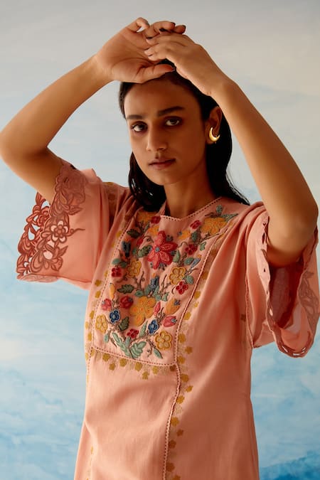 Shop_Chandrima_Peach Chanderi Embroidered Floral Motifs Round Kurta And Pant Set _Online_at_Aza_Fashions