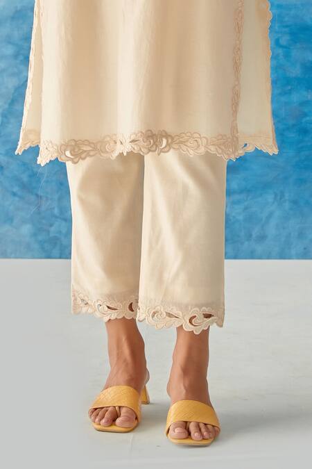 Shop_Chandrima_White Chanderi Bead Work, Floral Motifs, Geometric Embroidered Kurta And Pant Set _Online_at_Aza_Fashions