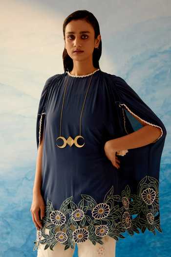 Chandrima Blue Cotton, Silk Georgette Cutwork Round Tunic Online at Aza Fashions Chandrima_Blue Cotton, Silk Georgette Cutwork Round Tunic _Online_at_Aza_Fashions