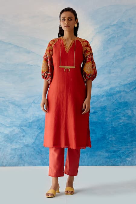 Chandrima Red Chanderi Embroidered Bead Work Notched Kurta And Pant Set 