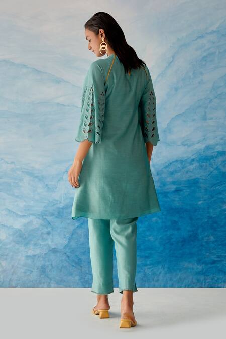Shop_Chandrima_Blue Chanderi Embroidered Bead Work Round Floral Kurta And Pant Set _at_Aza_Fashions