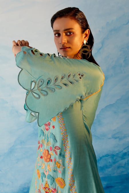 Buy_Chandrima_Blue Chanderi Embroidered Bead Work Round Floral Kurta And Pant Set _Online_at_Aza_Fashions