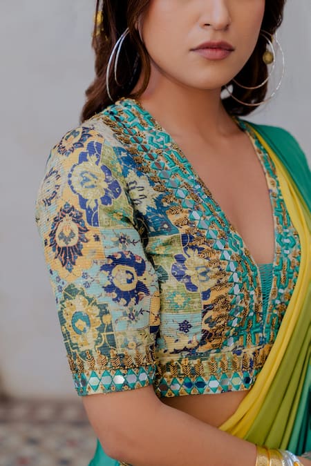 Nikita Vishakha_Green Crepe Mirror, Resham, Metal Sequin Work, Ombre Skirt Saree With Blouse _at_Aza_Fashions