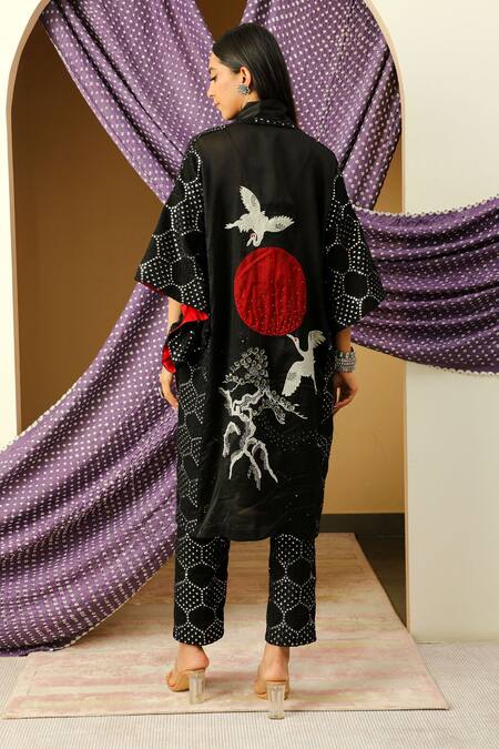 Shop_Twenty Nine_Black Georgette Embroidered Mirror Work Shawl Collar Cherry Blosson Jacket _at_Aza_Fashions