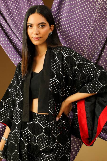 Buy_Twenty Nine_Black Georgette Embroidered Mirror Work Shawl Collar Cherry Blosson Jacket _Online_at_Aza_Fashions
