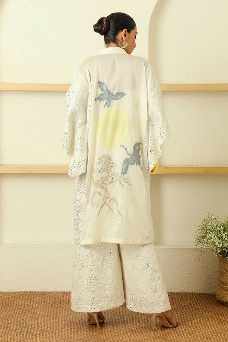 Shop Twenty Nine White Georgette Mirror Work Shawl Collar Embroidered Cherry Blosson Jacket at Aza Fashions Shop_Twenty Nine_White Georgette Mirror Work Shawl Collar Embroidered Cherry Blosson Jacket_at_Aza_Fashions