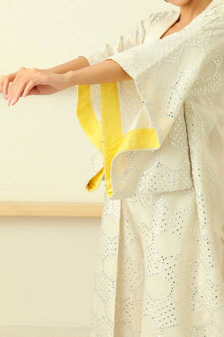 Shop Twenty Nine White Georgette Mirror Work Shawl Collar Embroidered Cherry Blosson Jacket Online at Aza Fashions Shop_Twenty Nine_White Georgette Mirror Work Shawl Collar Embroidered Cherry Blosson Jacket_Online_at_Aza_Fashions