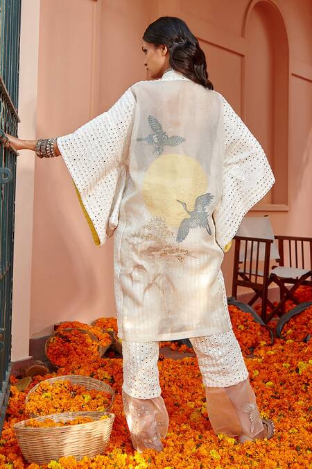 Shop Twenty Nine White Georgette Mirror Work Shawl Collar Cherry Blosson Jacket at Aza Fashions Shop_Twenty Nine_White Georgette Mirror Work Shawl Collar Cherry Blosson Jacket_at_Aza_Fashions