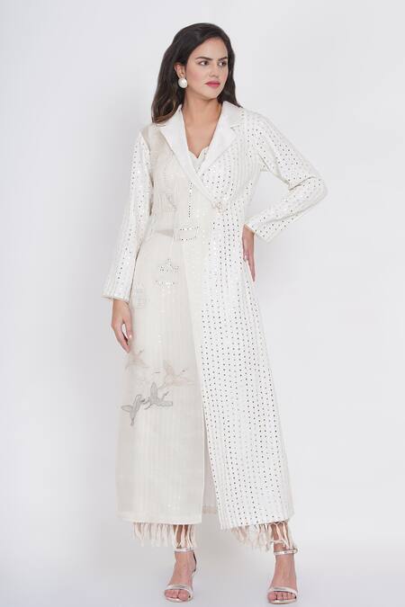 Buy_Twenty Nine_White Mirror Work Notched Lapel Collar Cherry Blosson Long Jacket_Online_at_Aza_Fashions