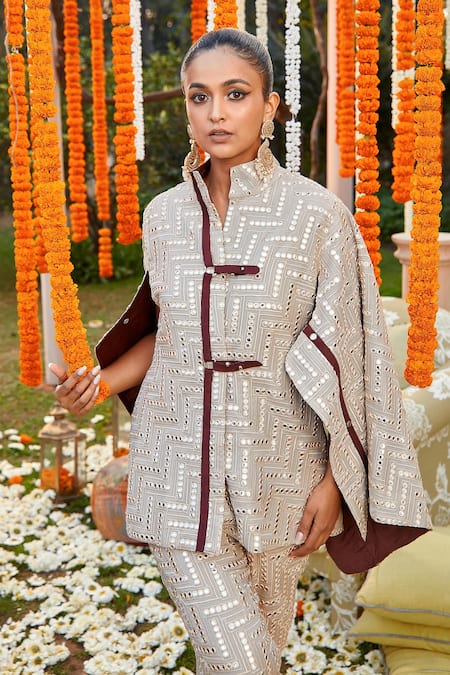 Buy Twenty Nine Silver Georgette Mirror Work High Neck Cape Sleeve Jacket Online at Aza Fashions Buy_Twenty Nine_Silver Georgette Mirror Work High Neck Cape Sleeve Jacket_Online_at_Aza_Fashions