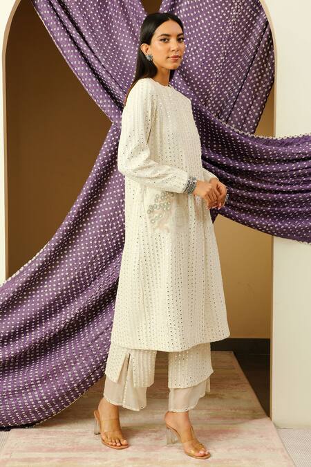 Twenty Nine_White Georgette Mirror Work Round Long Scarf Jacket_Online_at_Aza_Fashions