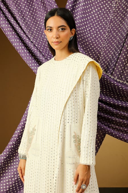 Buy_Twenty Nine_White Georgette Mirror Work Round Long Scarf Jacket_Online_at_Aza_Fashions