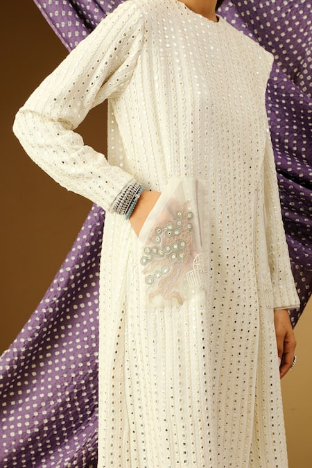 Shop_Twenty Nine_White Georgette Mirror Work Round Long Scarf Jacket_Online_at_Aza_Fashions