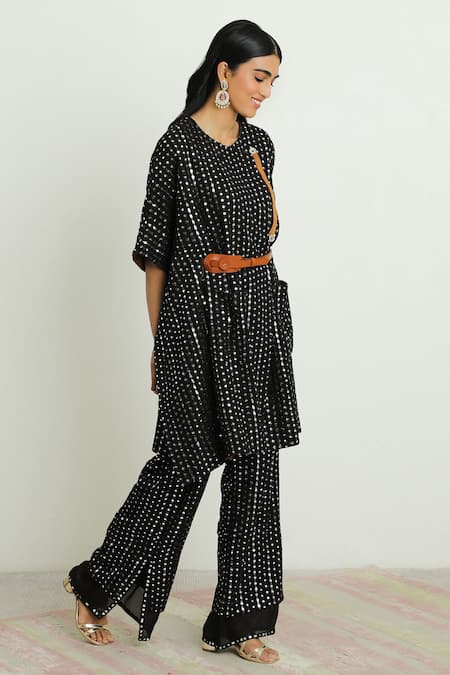 Twenty Nine_Black Georgette Mirror Work Round Kaftan_Online_at_Aza_Fashions