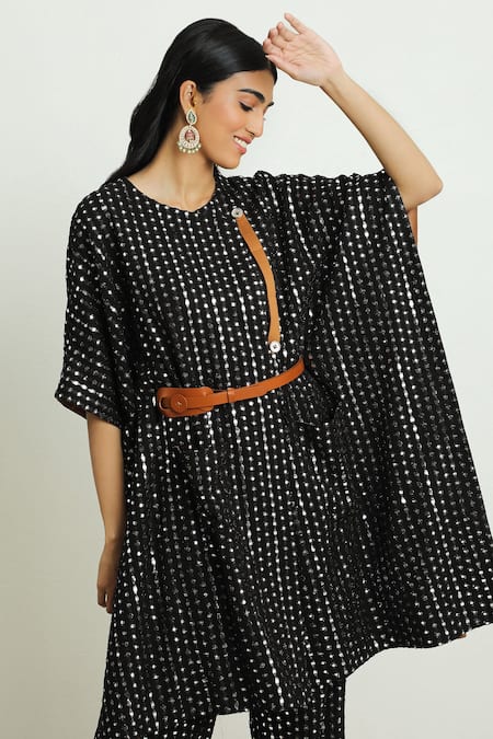 Shop_Twenty Nine_Black Georgette Mirror Work Round Kaftan_Online_at_Aza_Fashions