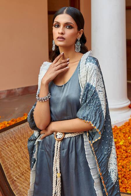 Shop_Twenty Nine_Blue Silk Shibori, Bandhani Round Shift Dress And Jacket _Online_at_Aza_Fashions