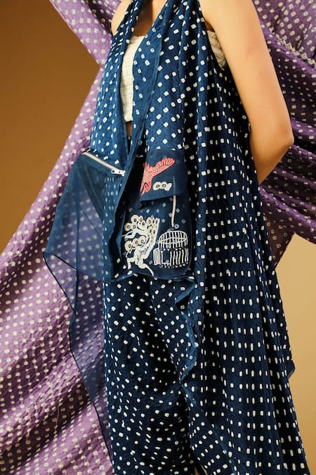 Shop_Twenty Nine_Blue Gajji Silk Bandhani Cape Open Neck _Online_at_Aza_Fashions