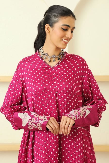 Shop_Twenty Nine_Pink Gajji Silk Bandhani V Neck Asymmetric Tunic _Online_at_Aza_Fashions