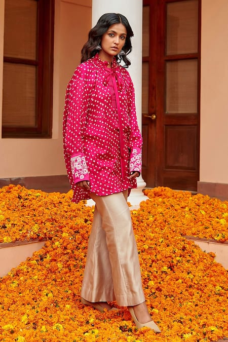 Twenty Nine_Pink Gajji Silk Bandhani High Neck Bow Tie Frill Collar Tunic_Online_at_Aza_Fashions