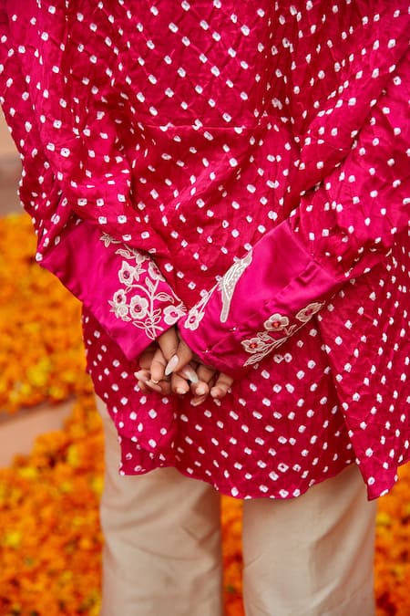 Twenty Nine_Pink Gajji Silk Bandhani High Neck Bow Tie Frill Collar Tunic_at_Aza_Fashions