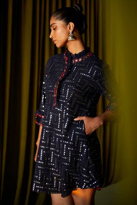 Twenty Nine_Blue Georgette Chevron Mirror Frill Rabari Work A-line Dress _Online_at_Aza_Fashions