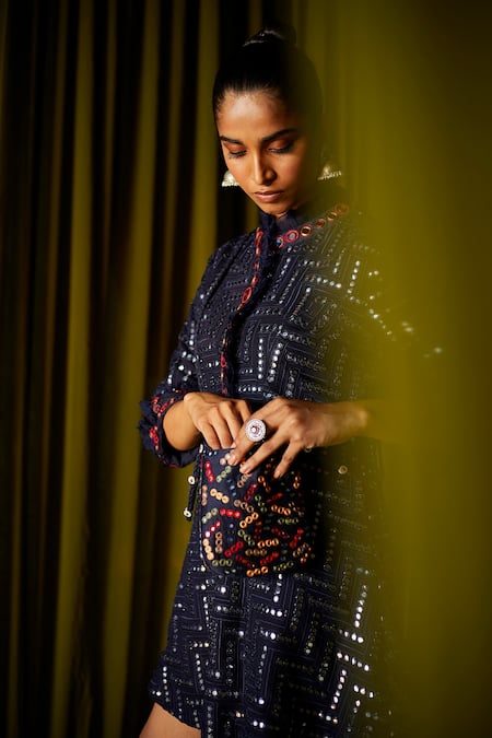 Buy_Twenty Nine_Blue Georgette Chevron Mirror Frill Rabari Work A-line Dress _Online_at_Aza_Fashions