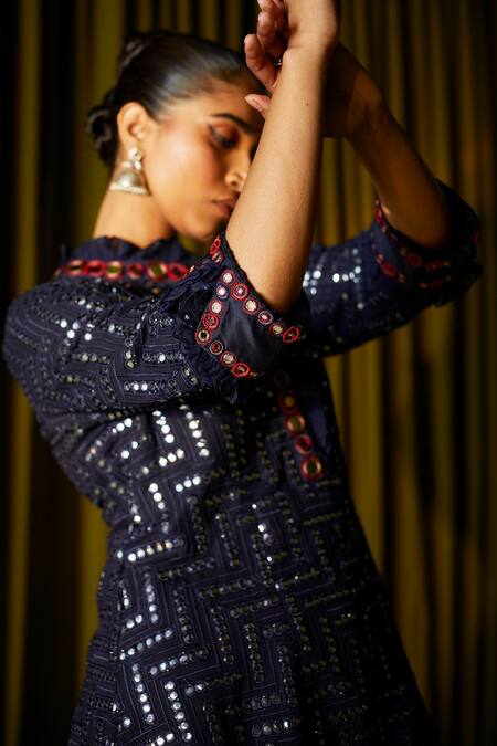 Shop_Twenty Nine_Blue Georgette Chevron Mirror Frill Rabari Work A-line Dress _Online_at_Aza_Fashions