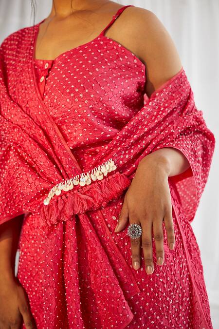 Twenty Nine Fuchsia Crushed Silk Bandhani Scoop Neck Bustier With Drape Online at Aza Fashions Twenty Nine_Fuchsia Crushed Silk Bandhani Scoop Neck Bustier With Drape _Online_at_Aza_Fashions