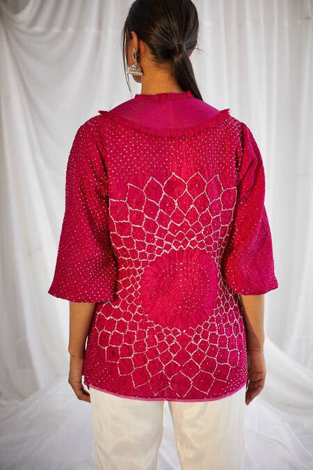 Buy_Twenty Nine_Fuchsia Crushed Silk Bandhani Wide Collar Top _Online_at_Aza_Fashions