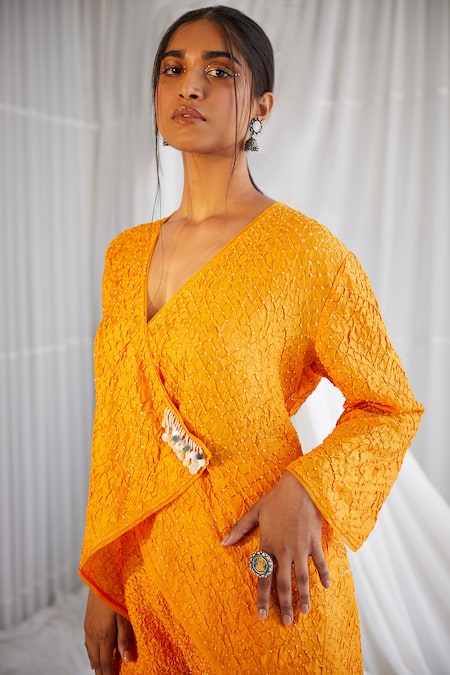 Twenty Nine Yellow Crushed Silk Bandhani V Neck Wrap Top Online at Aza Fashions Twenty Nine_Yellow Crushed Silk Bandhani V Neck Wrap Top _Online_at_Aza_Fashions