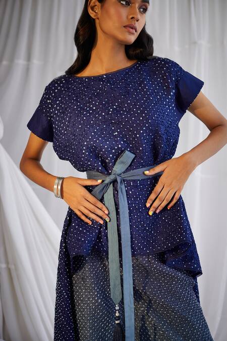 Buy_Twenty Nine_Blue Crushed Silk Bandhani Boat High Low Top _Online_at_Aza_Fashions