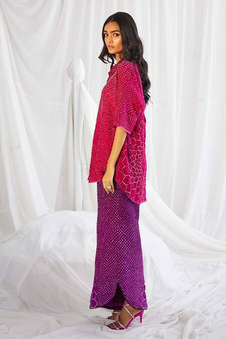 Twenty Nine_Pink Crushed Raidaana Silk Bandhani High Neck Back Button Shirt _Online_at_Aza_Fashions